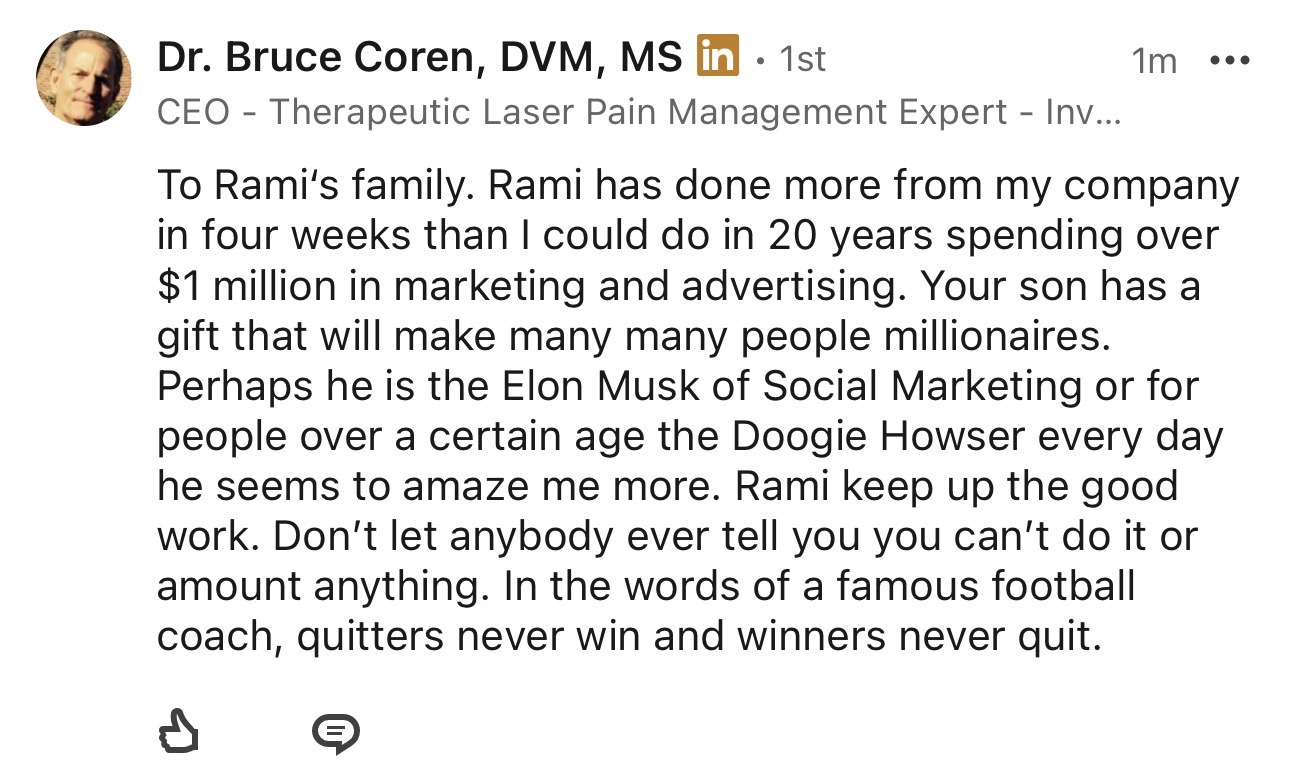 Original LinkedIn comment by Dr. Bruce Coren, DVM, MS, praising Rami’s marketing work.